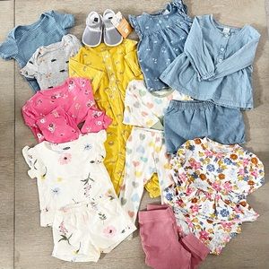 Carter’s 15 piece lot of Baby Girl Clothes 12 months sets and pajamas EUC